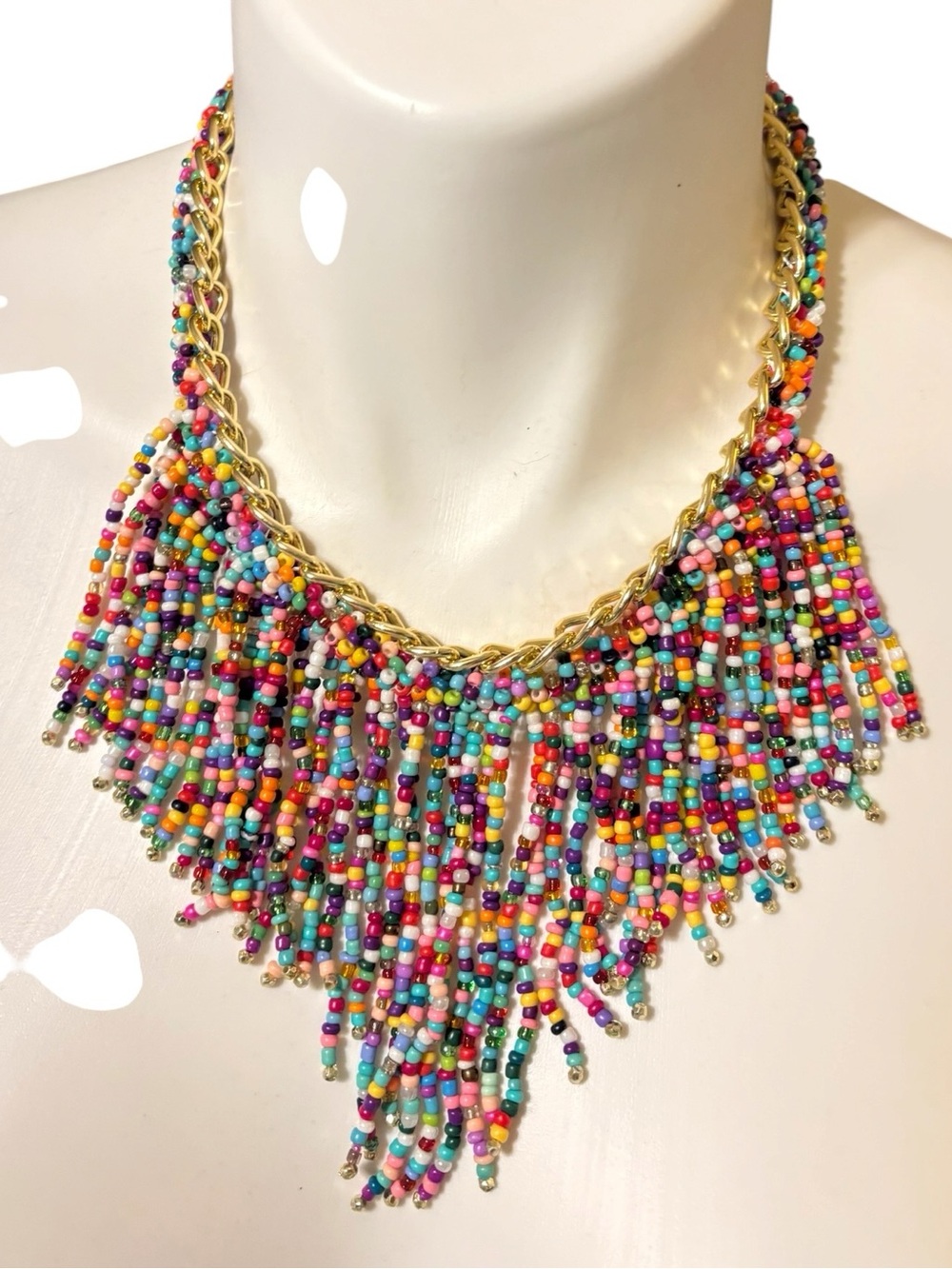 Boho Necklace Multicolor Beaded Fringe Statement Seed Bead Gold Tone Chain